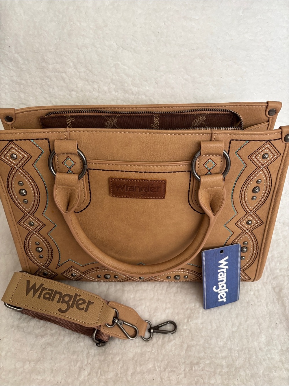 Wrangler Tan Embossed Crossbody/Shoulder Bag with Stud Accents